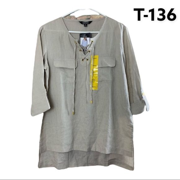 SzM Ellen Tracy Sandstone Tie Neck Top NWT - Picture 1 of 5